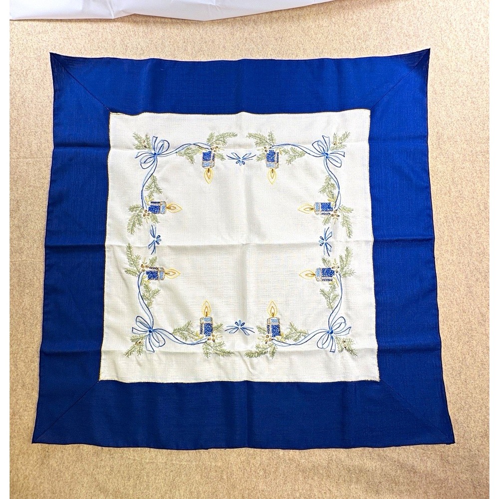 Embroidered Square Tablecloth Blue/White Holiday Candle & Bow Design 33x33 I579